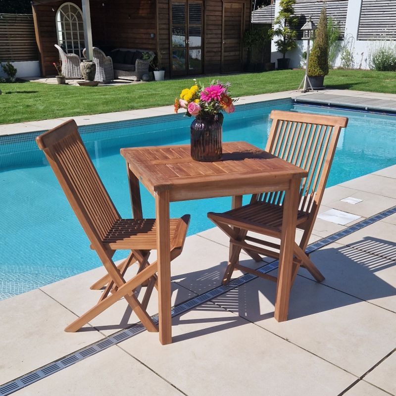 70cm Teak Square Fixed Table with 2 Classic Folding Chairs / Armchairs