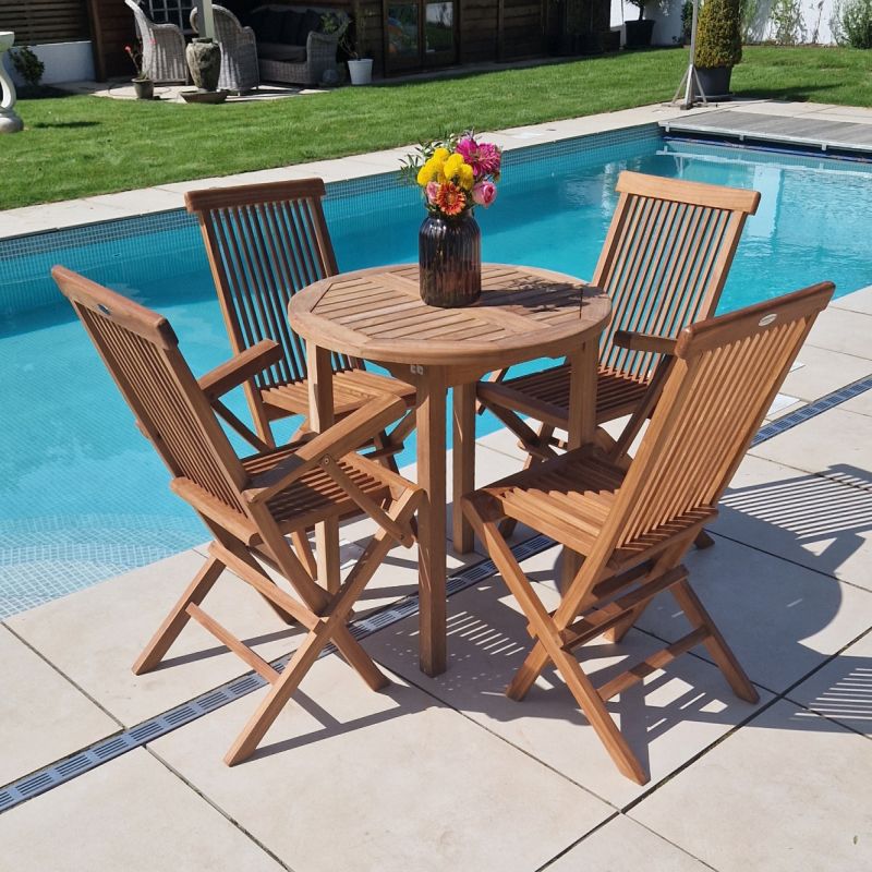 80cm Teak Circular Fixed Table with 2 Classic Folding Chairs & 2 Armchairs