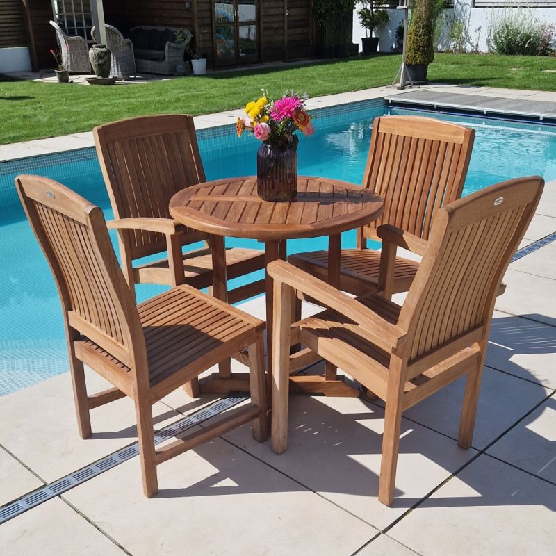 80cm Teak Circular Pedestal Table with 2 Marley Chairs & 2 Armchairs 