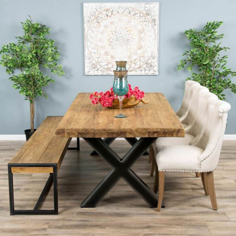 2.4m Reclaimed Teak Urban Fusion Cross Dining Table with One Backless Bench and 4 Natural Windsor Ring Back Dining Chairs
