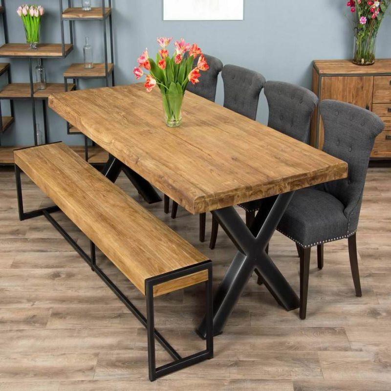 2.4m Reclaimed Teak Urban Fusion Cross Dining Table with One Backless Bench and 4 Dove grey Windsor Ring Back Dining Chairs 