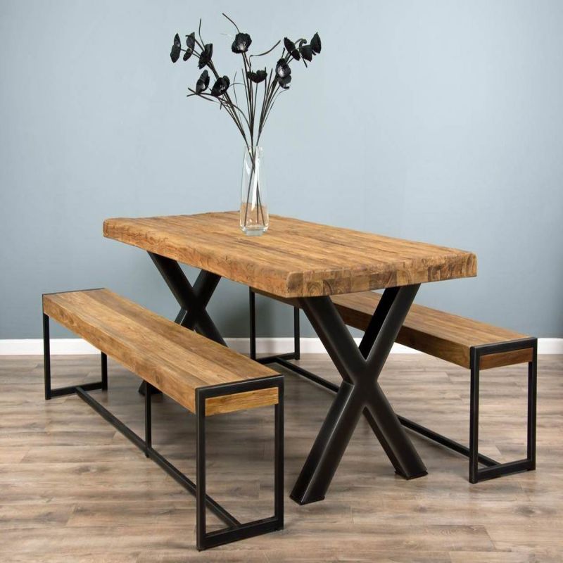 2.4m Reclaimed Teak Urban Fusion Cross Dining Table with Two Backless Benches 