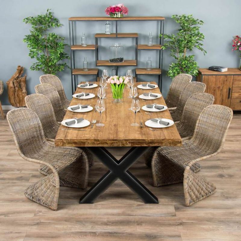 2.4m Reclaimed Teak Urban Fusion Cross Dining Table with 8 Stackable Zorro Chairs 