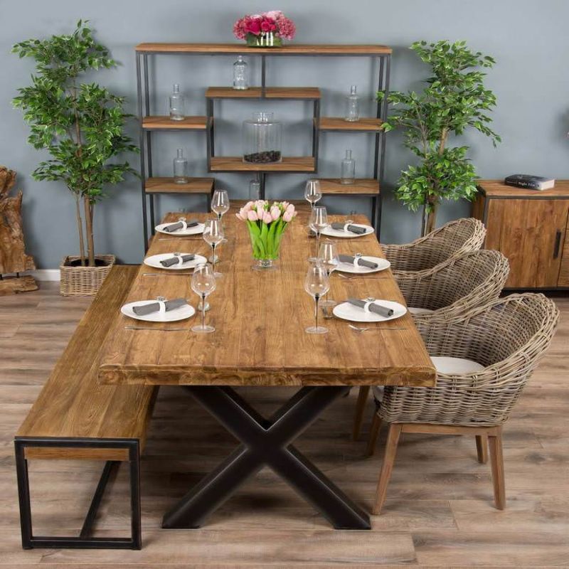 2.4m Reclaimed Teak Urban Fusion Cross Dining Table with One Backless Bench and 3 Scandi Armchairs