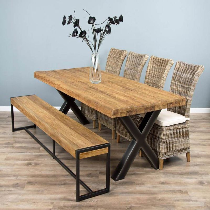 2.4m Reclaimed Teak Urban Fusion Cross Dining Table with One Backless Bench and 4 Latifa Dining Chairs 