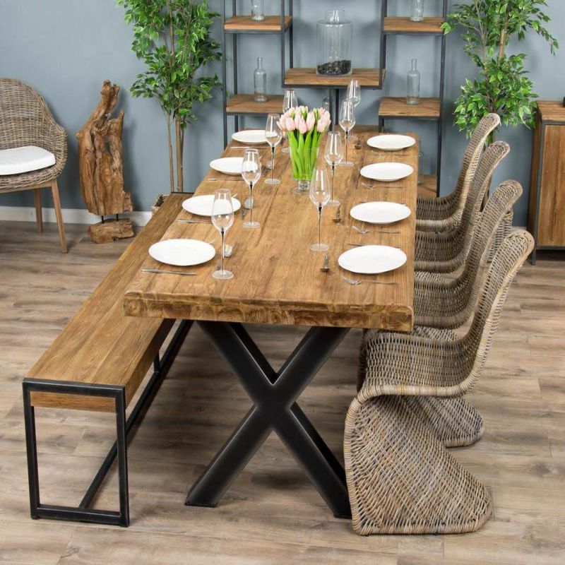 2.4m Reclaimed Teak Urban Fusion Cross Dining Table with One Backless Bench and 4 Stackable Zorro Chairs