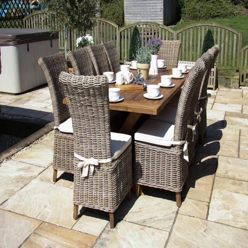 2.4m Reclaimed Teak Outdoor Open Slatted Cross Leg Table with 10 Latifa Chairs