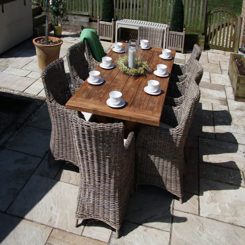 2.4m Reclaimed Teak Outdoor Open Slatted Cross Leg Table with 8 Donna Armchairs