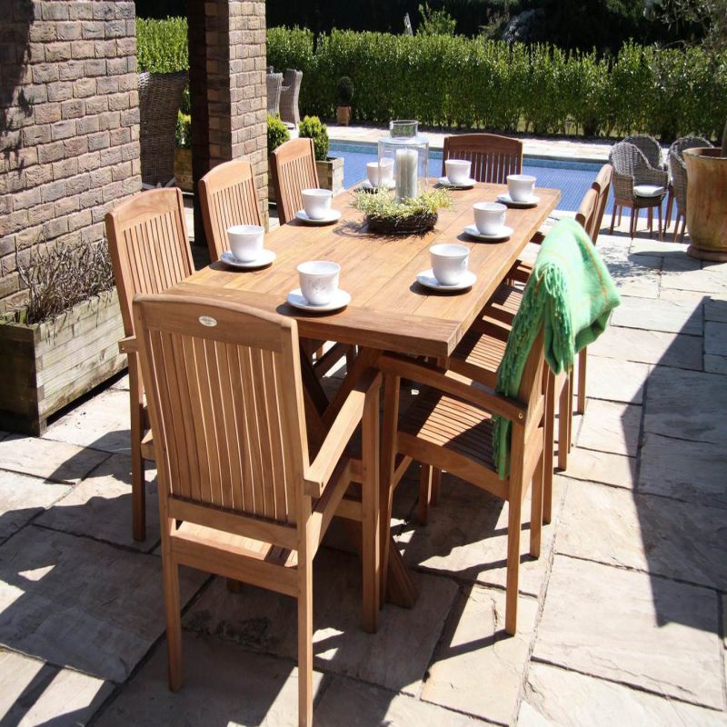 2.4m Reclaimed Teak Outdoor Open Slatted Cross Leg Table with 8 Marley Armchairs