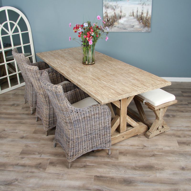 2.4m Farmhouse Cross Dining Table with 3 Donna Armchairs & 1 Backless Bench
