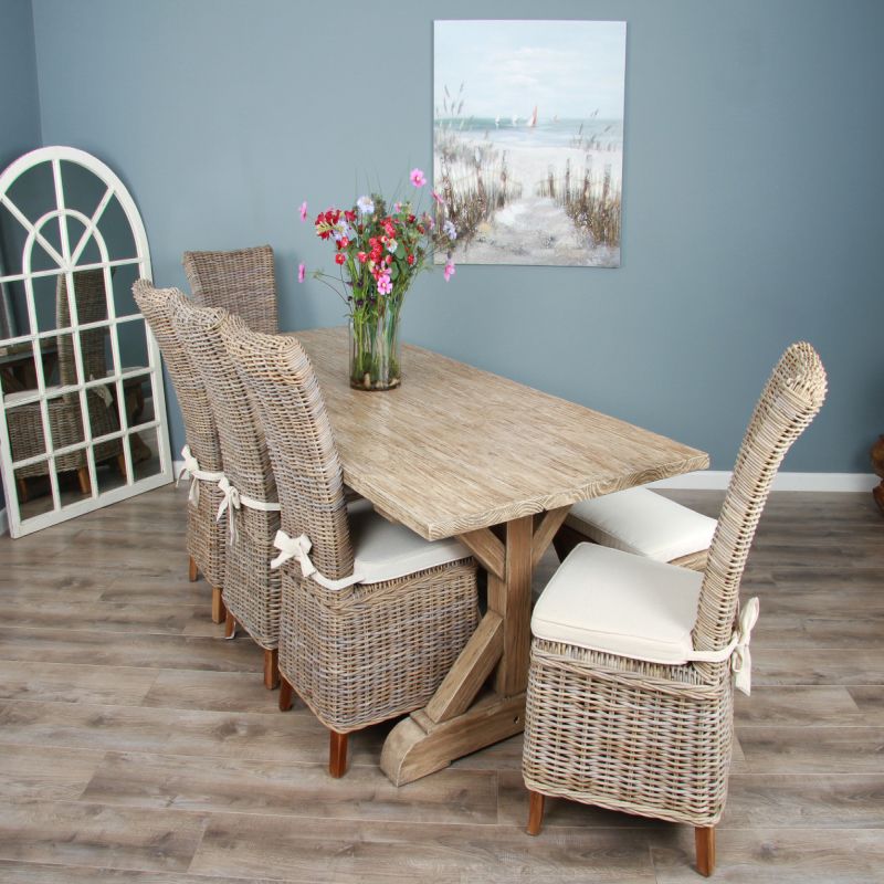 2.4m Farmhouse Cross Dining Table with 5 Latifa Chairs & 1 Backless Bench