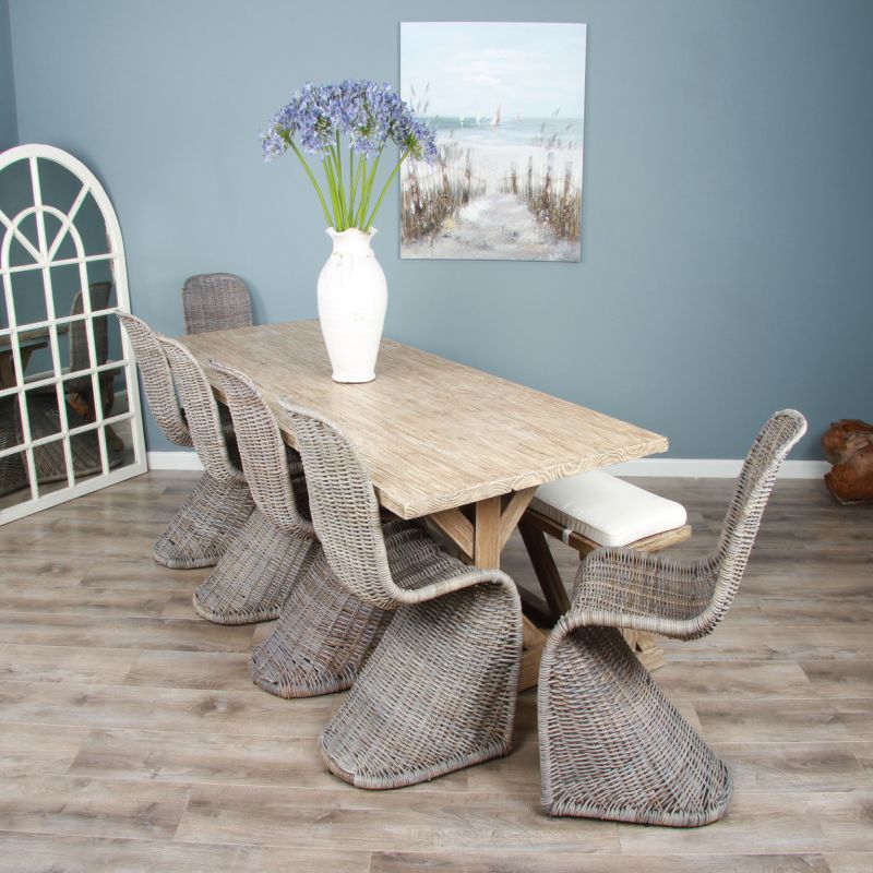 2.4m Farmhouse Cross Dining Table with 6 Stackable Zorro Chairs & 1 Backless Bench
