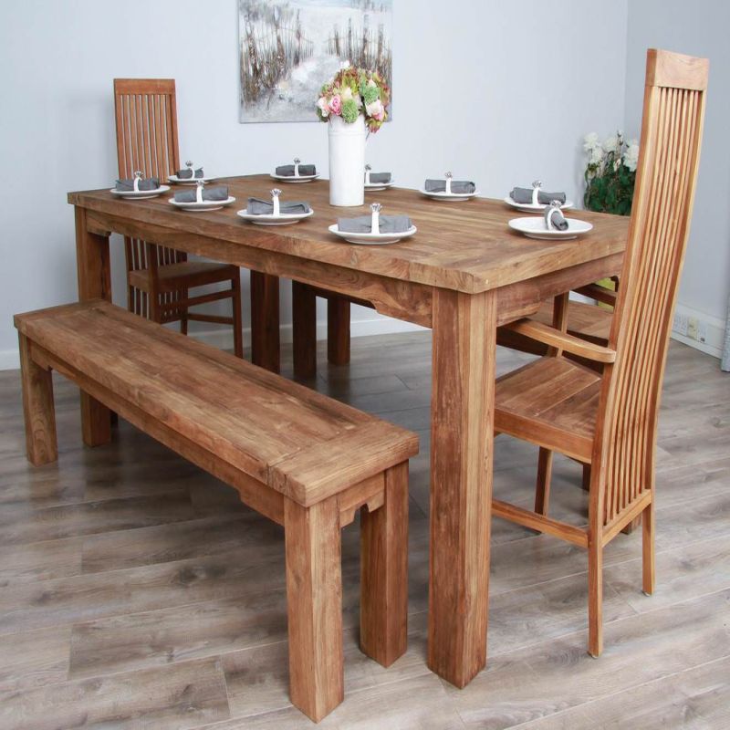 2.4m Reclaimed Teak Taplock Dining Table with 2 Backless Benches & 2 Vikka Armchairs