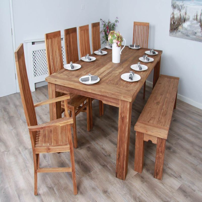 2.4m Reclaimed Teak Taplock Dining Table with 4 Vikka Chairs, 2 Vikka Armchairs & 1 Backless Bench