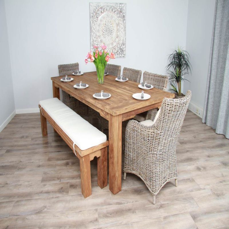 2.4m Reclaimed Teak Taplock Dining Table with 5 Donna Chairs & 1 Backless Bench