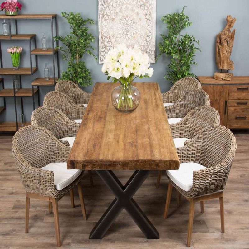 3m Reclaimed Teak Urban Fusion Cross Dining Table with 8 Scandi Armchairs