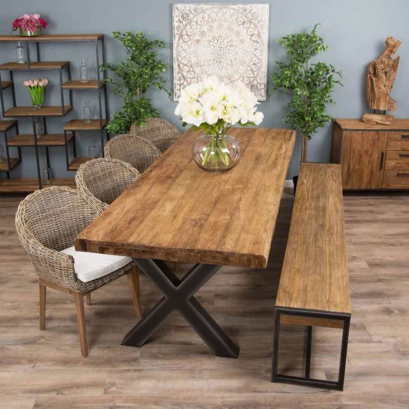 3m Reclaimed Teak Urban Fusion Cross Dining Table with 1 Backless Bench & 4 Scandi Armchairs
