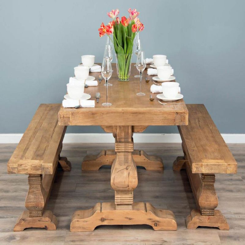 2m Reclaimed Elm Pedestal Dining Table with 2 Backless Benches