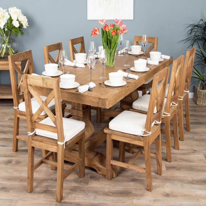 2m Reclaimed Elm Pedestal Dining Table with 8 Elm Crossback Chairs