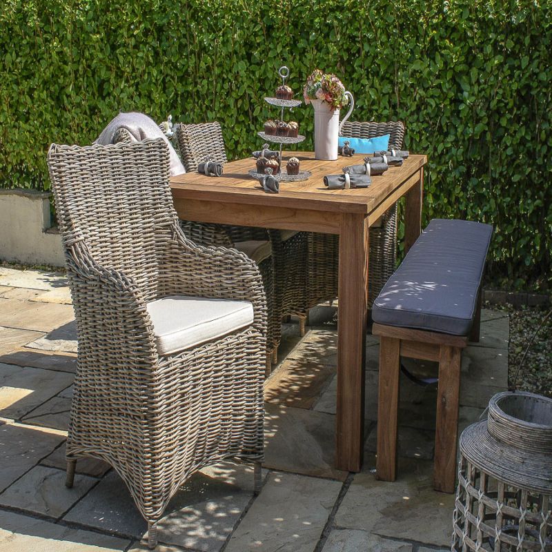 2m Reclaimed Teak Outdoor Open Slatted Table with 1 Backless Bench & 4 Donna Armchairs