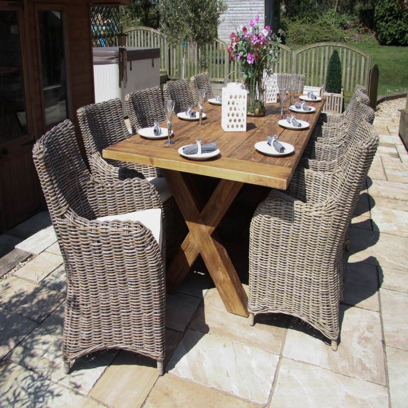 3m Reclaimed Teak Outdoor Open Slatted Cross Leg Table with 10 Donna Armchairs 
