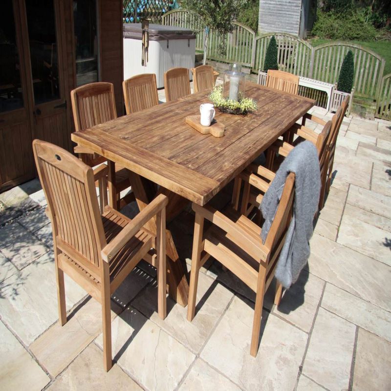 3m Reclaimed Teak Outdoor Open Slatted Cross Leg Table with 10 Marley Armchairs