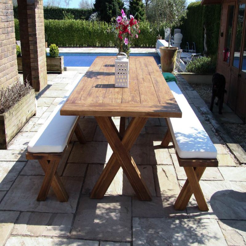 3m Reclaimed Teak Outdoor Open Slatted Cross Leg Table with 2 Backless Benches