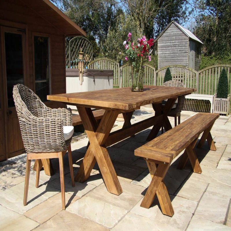 3m Reclaimed Teak Outdoor Open Slatted Cross Leg Table with 2 Backless Benches & 2 Scandi Armchairs