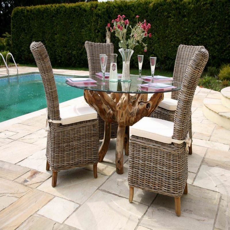 1.5m Reclaimed Teak Root Garden Dining Table with 4 Latifa Dining Chairs