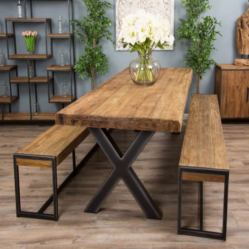 3m Reclaimed Teak Urban Fusion Cross Dining Table with 2 Backless Benches