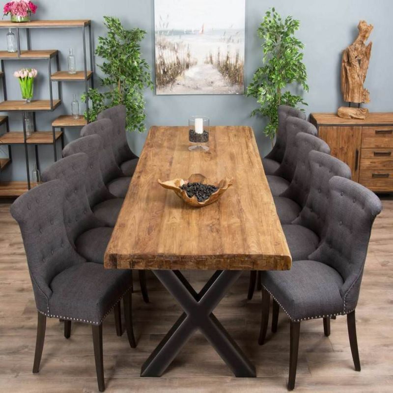 3m Reclaimed Teak Urban Fusion Cross Dining Table with 10 Windsor Ring Back Dining Chairs 