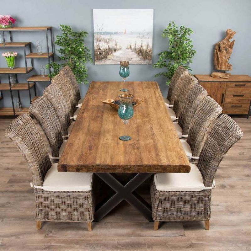 3m Reclaimed Teak Urban Fusion Cross Dining Table with 10 Latifa Dining Chairs 