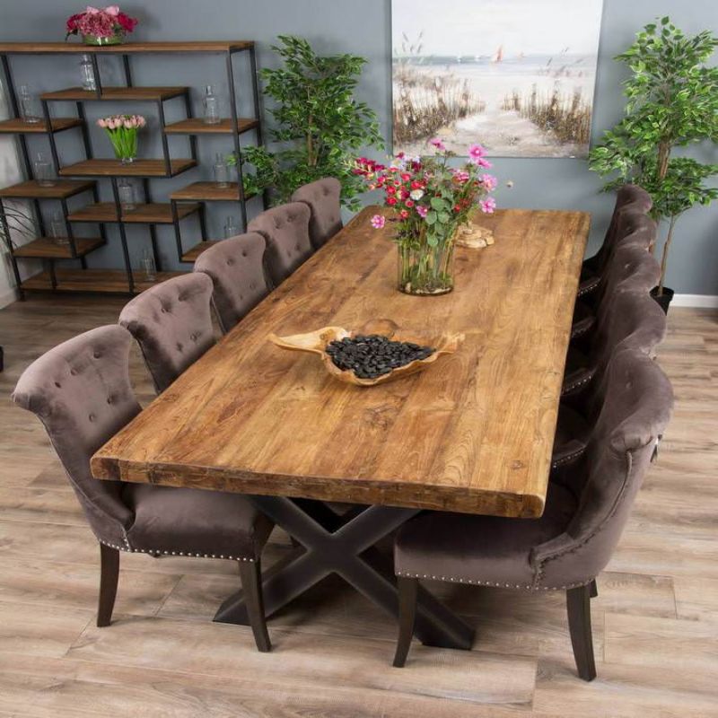 3m Reclaimed Teak Urban Fusion Cross Dining Table with 10 Velveteen Ring Back Dining Chairs 