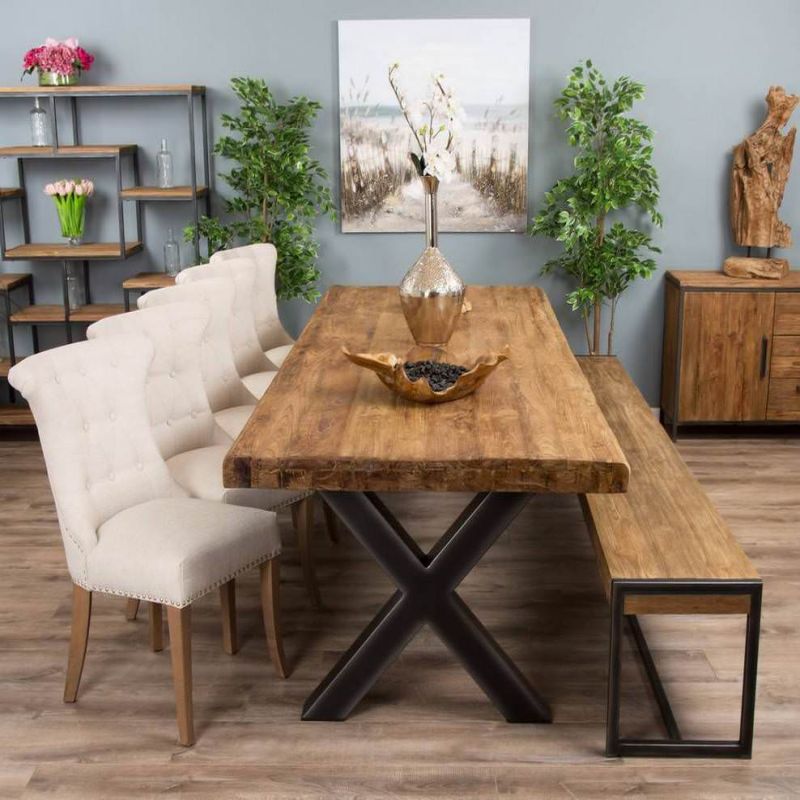 3m Reclaimed Teak Urban Fusion Cross Dining Table with 1 Backless Bench and 5 Windsor Ring Back Dining Chairs