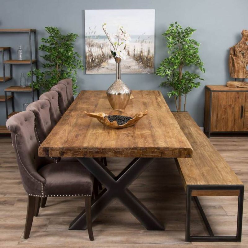 3m Reclaimed Teak Urban Fusion Cross Dining Table with 1 Backless Bench and 5 Velveteen Ring Back Dining Chairs