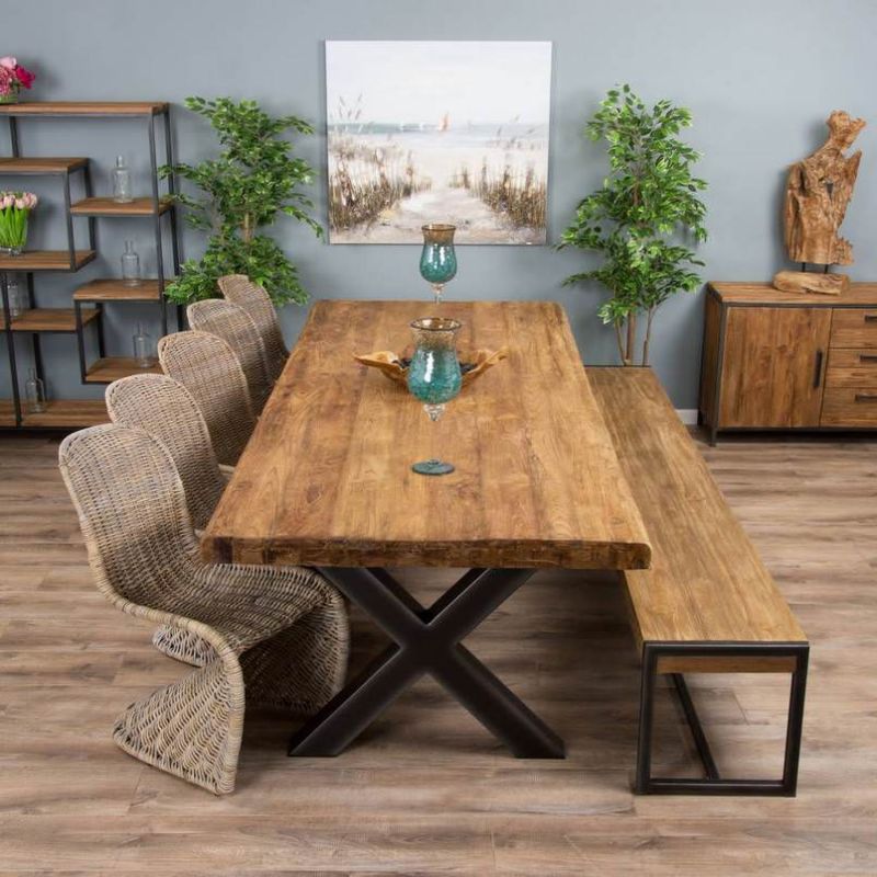 3m Reclaimed Teak Urban Fusion Cross Dining Table with 1 Backless Bench and 5 Zorro Chairs