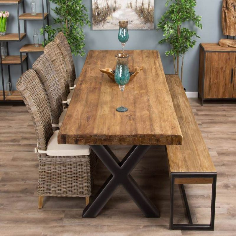 3m Reclaimed Teak Urban Fusion Cross Dining Table with 1 Backless Bench and 4 Latifa Chairs 