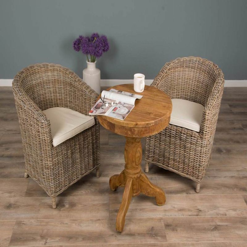60cm Reclaimed Teak Circular Pedestal Table with 2 Riva Tub Dining Chairs