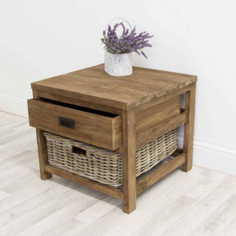 Reclaimed Teak Storage Unit with 1 Drawer and 1 Wicker Basket - Square