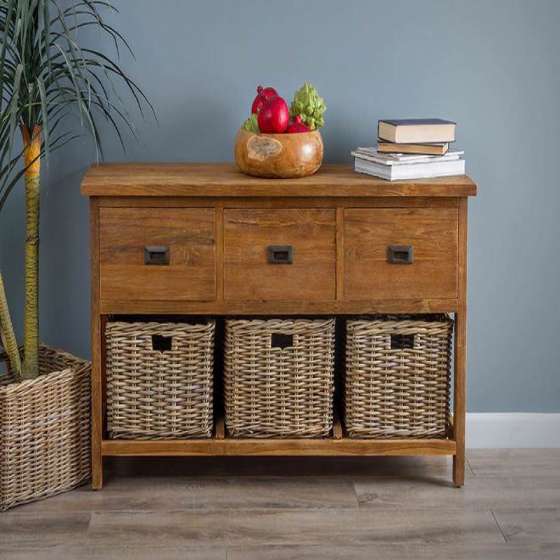 Large teak storage unit with drawers and baskets