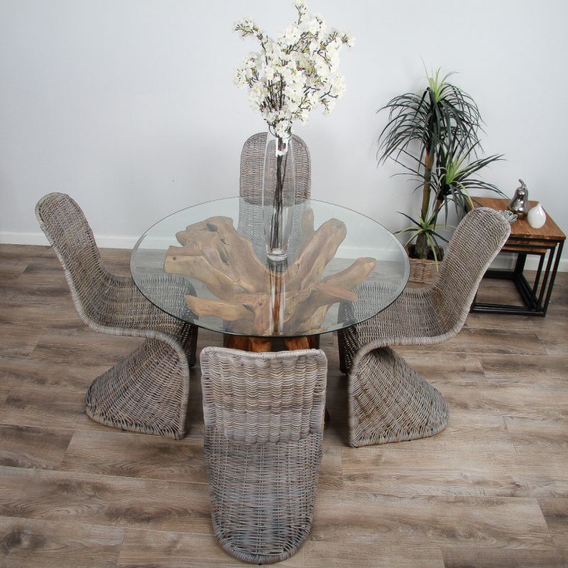 1.2m Reclaimed Teak Root Circular Dining Table with 4 Zorro Chairs 