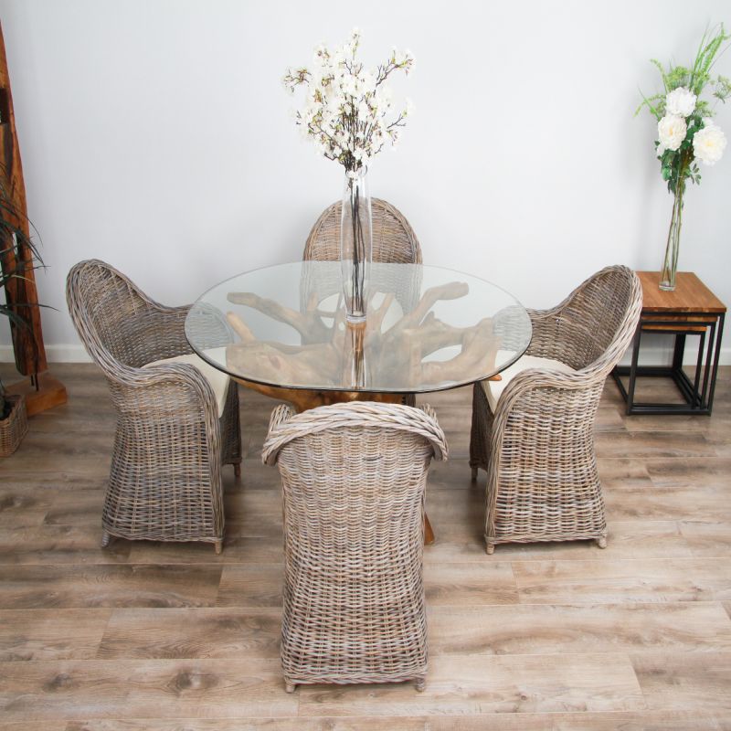 1.5m x 1.2m Reclaimed Teak Root Oval Dining Table with 4 Riviera Armchairs