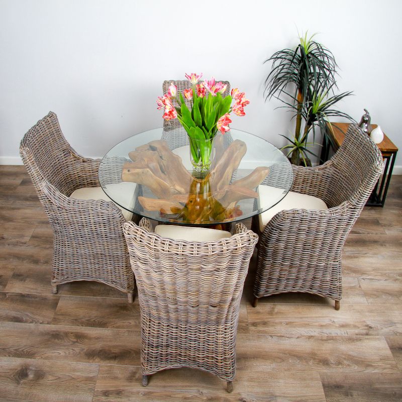 1.2m Reclaimed Teak Root Circular Dining Table with 4 Donna Armchairs