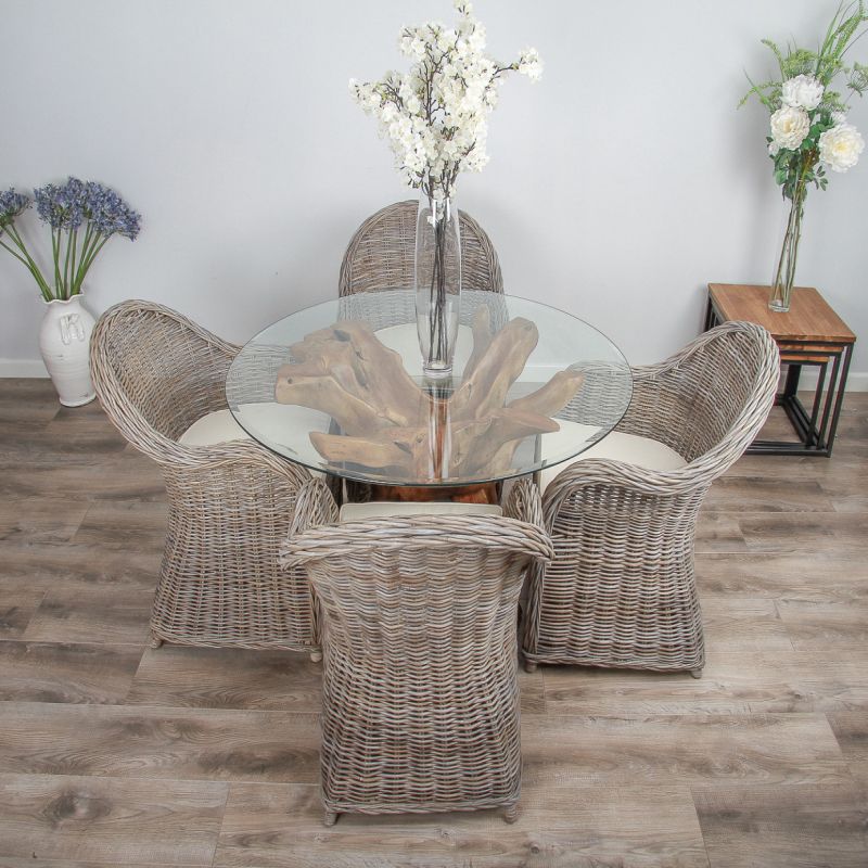 1.2m Reclaimed Teak Root Circular Dining Table with 4 Riviera Armchairs