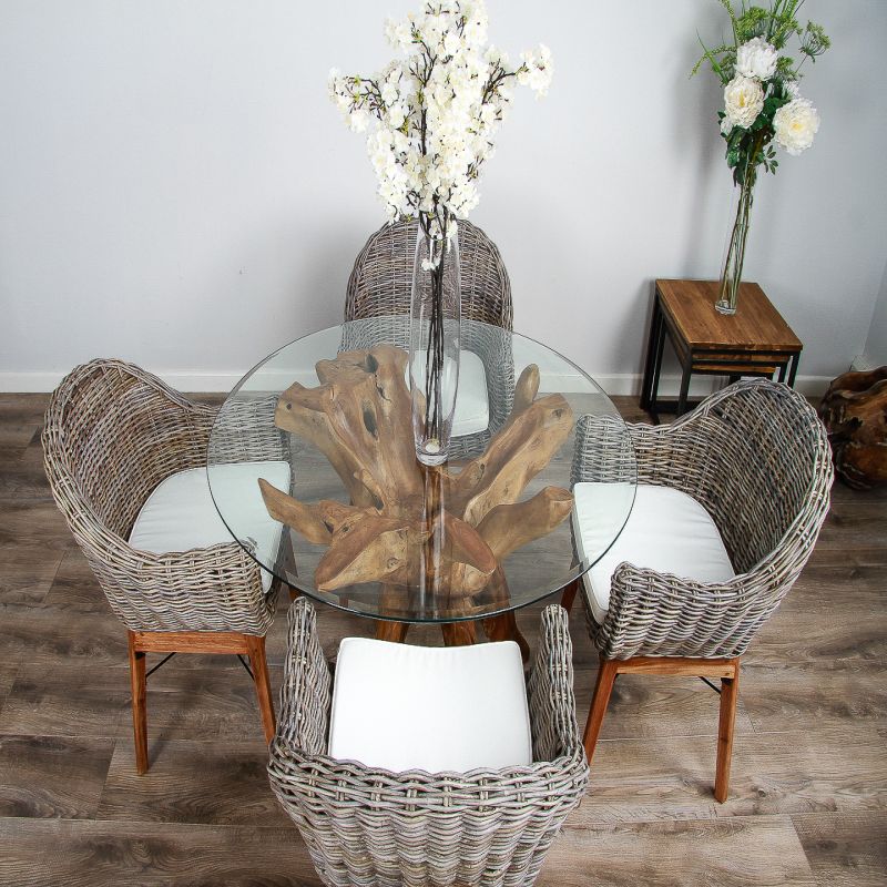1.2m Reclaimed Teak Root Circular Dining Table with 4 Scandi Armchairs 
