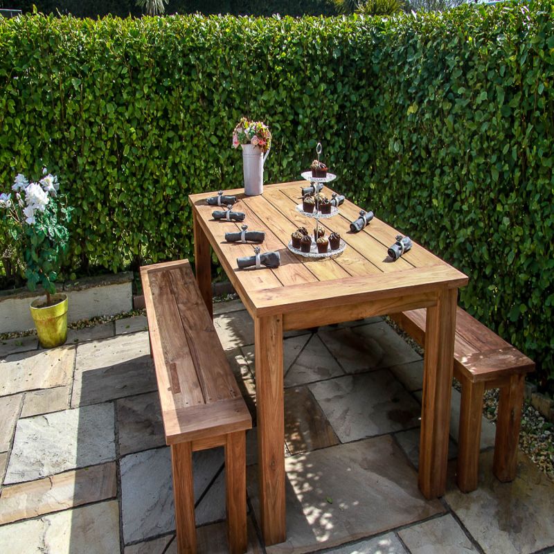 2m Reclaimed Teak Outdoor Open Slatted Table with 2 Backless Benches 