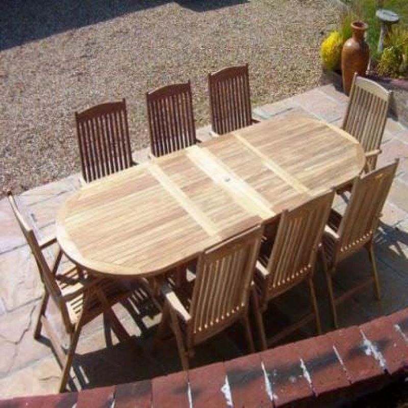 1.1m x 1.9m-2.7m Teak Oval Double Extending Table with 8 Harrogate Recliners