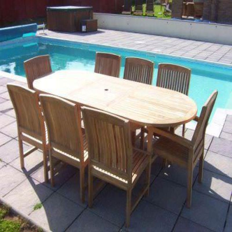 1m x 1.8m-2.4m Teak Oval Extending Table with 6 Marley Chairs & 2 Marley Armchairs