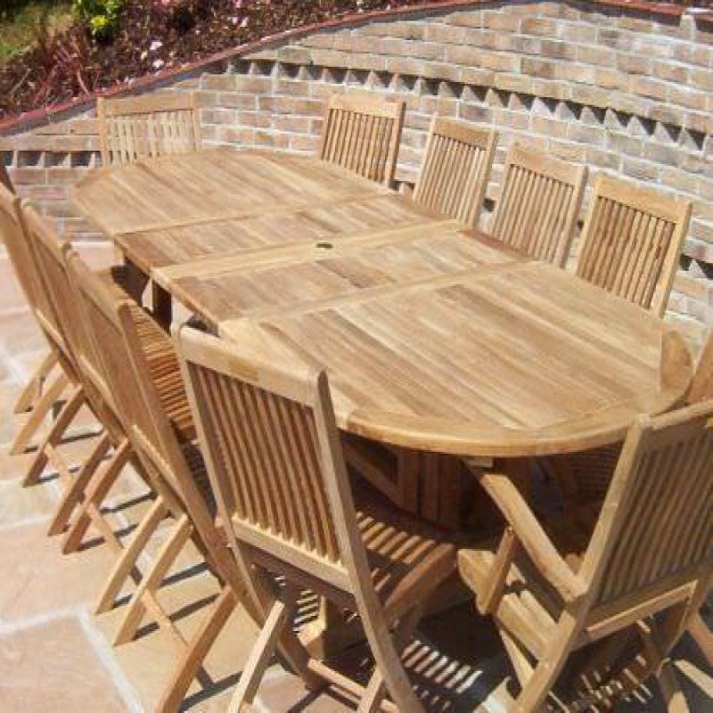 1.2m x 2.4m-3.2m Teak Oval Double Extending Table with 10 Kiffa Folding Chairs & 2 Armchairs