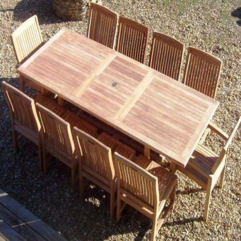 1m x 1.8m - 2.4m Teak Rectangular Extending Table with 8 Marley Chairs and 2 Armchairs